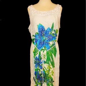 White lace maxi dress with beading and gorgeous blue floral print Catherine’s 2x